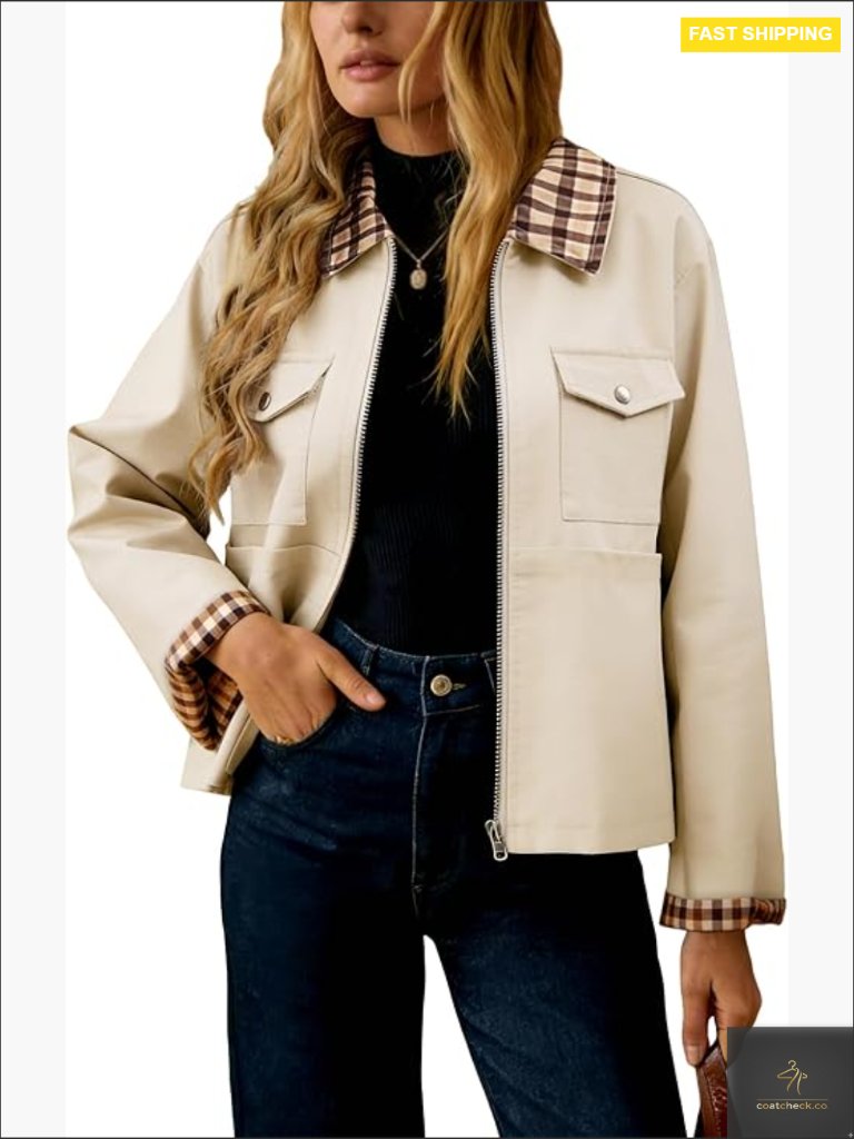 Classic Plaid Barn Jacket Long Sleeve Zip Up Lightweight Spring Outerwear